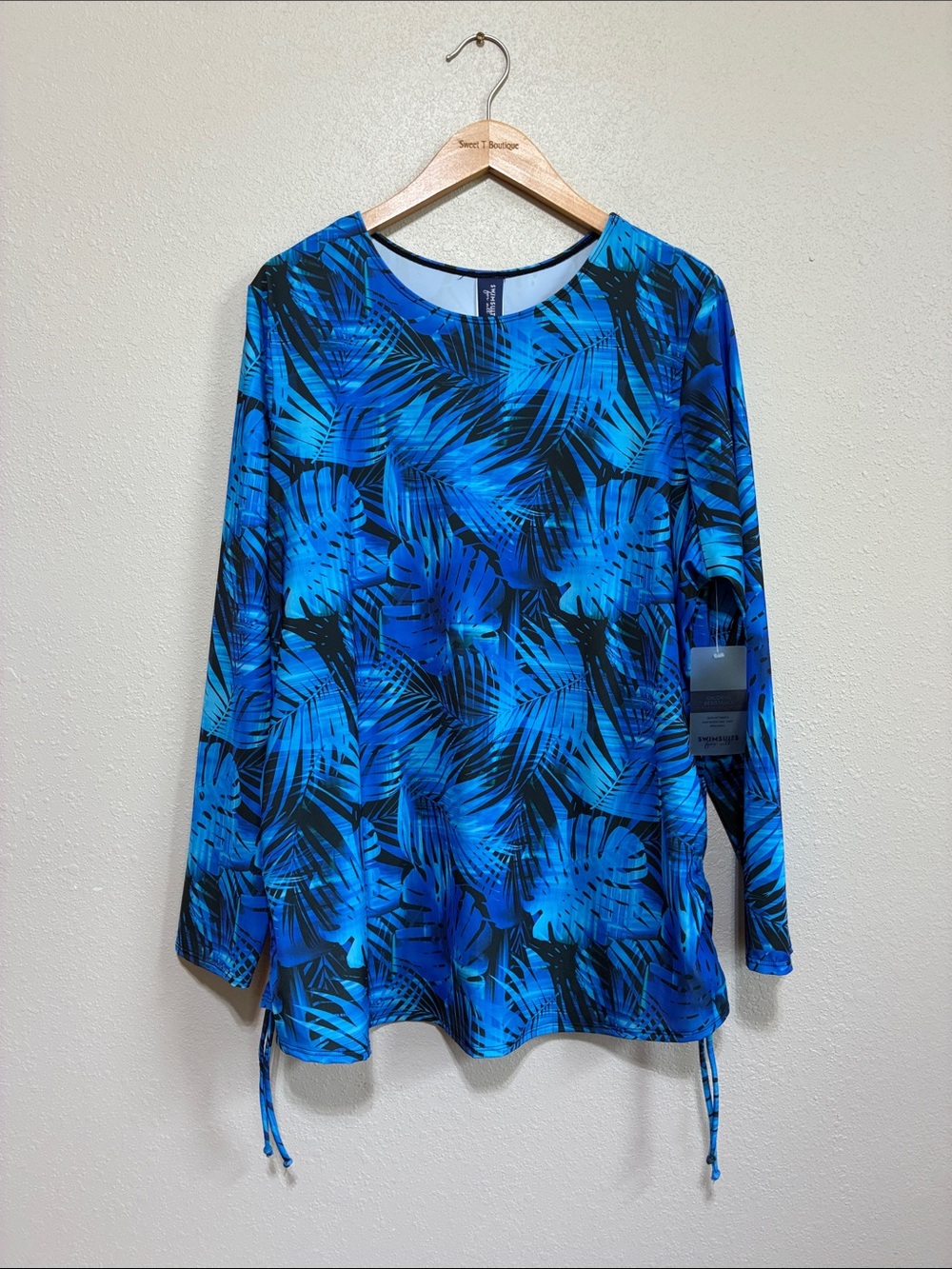 NEW Swimsuits for All Size 22 Blue Black Tropical Print Rashguard Swim Cover Top